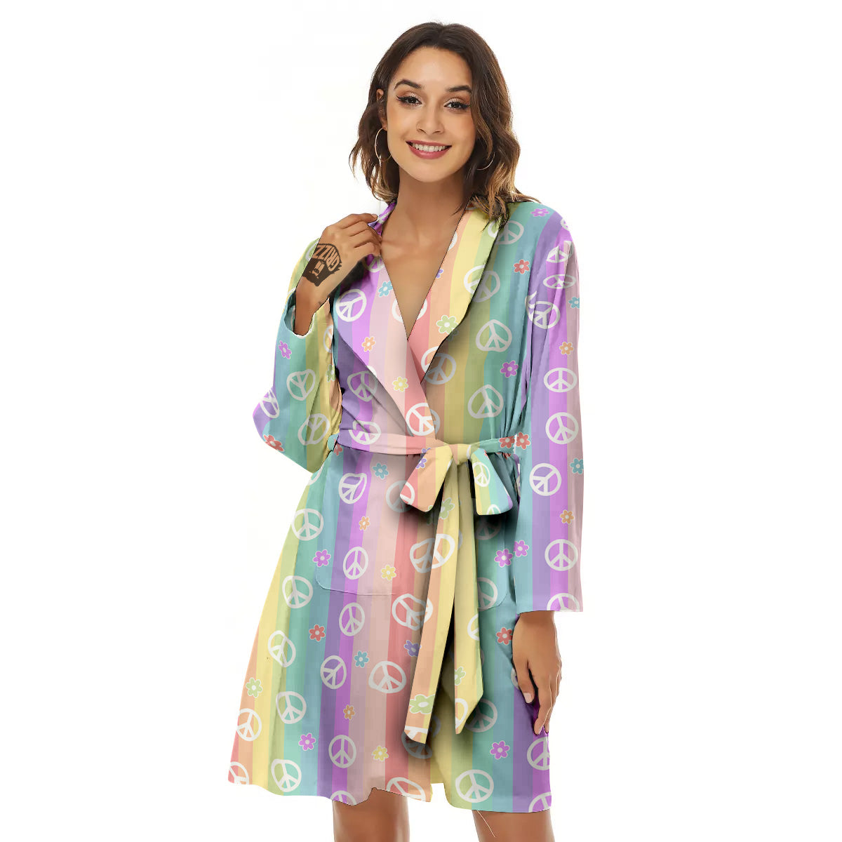 Cute Peace Symbol And Daisy Print Pattern Women's Robe-grizzshop