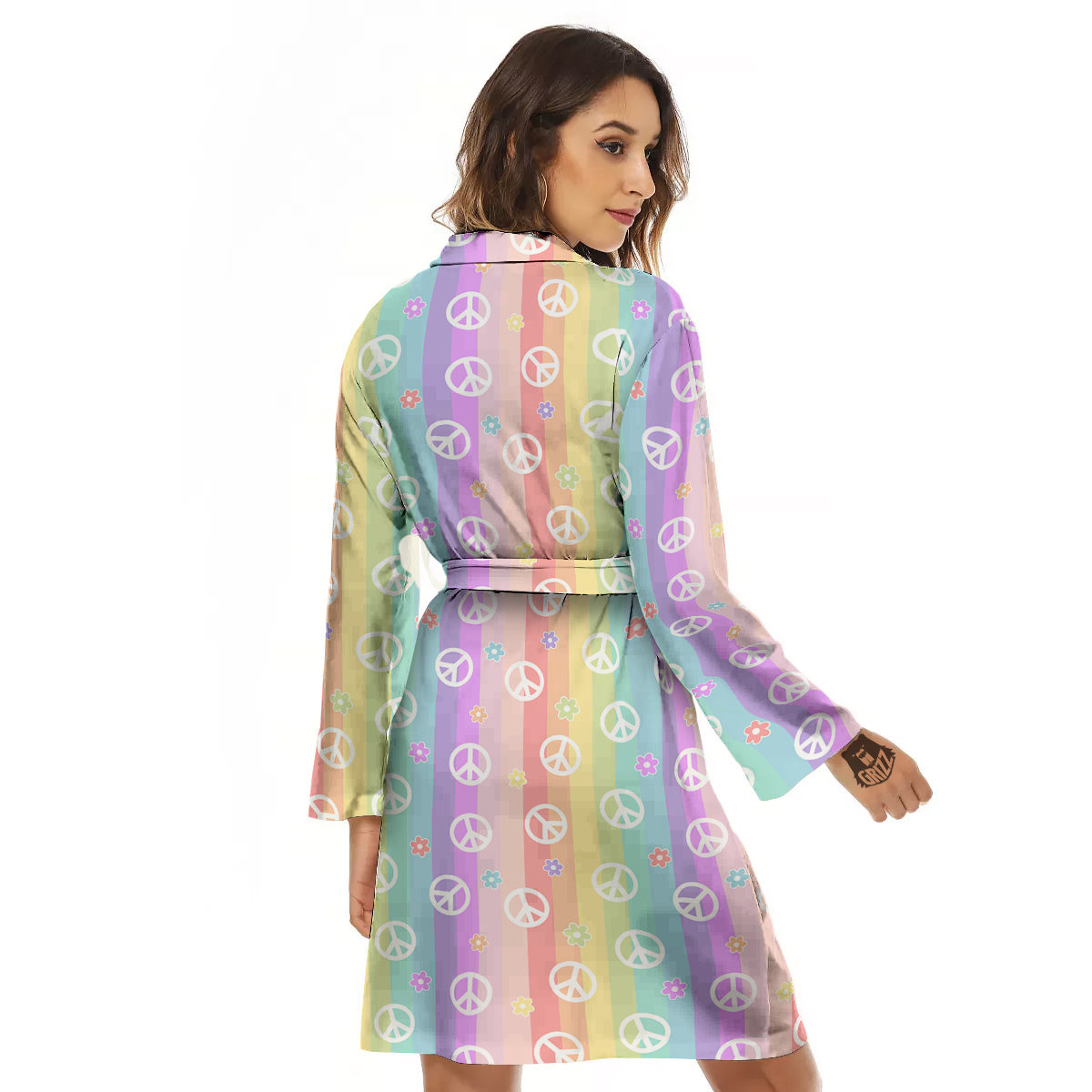 Cute Peace Symbol And Daisy Print Pattern Women's Robe-grizzshop