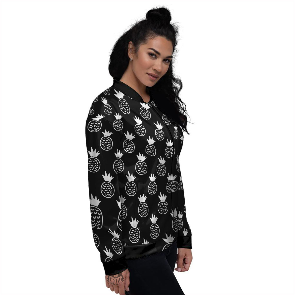 Cute Pineapple Black Print Pattern Women's Bomber Jacket-grizzshop