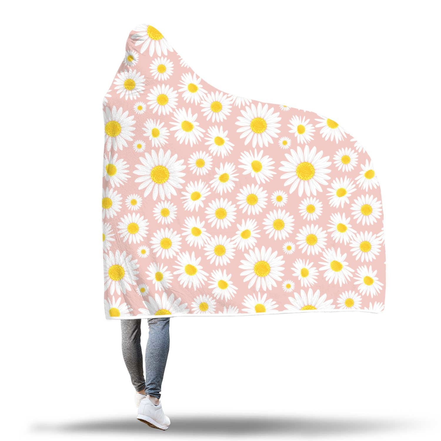 Cute Pink Daisy Pattern Print Hooded Blanket-grizzshop