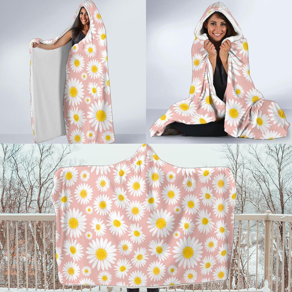 Cute Pink Daisy Pattern Print Hooded Blanket-grizzshop