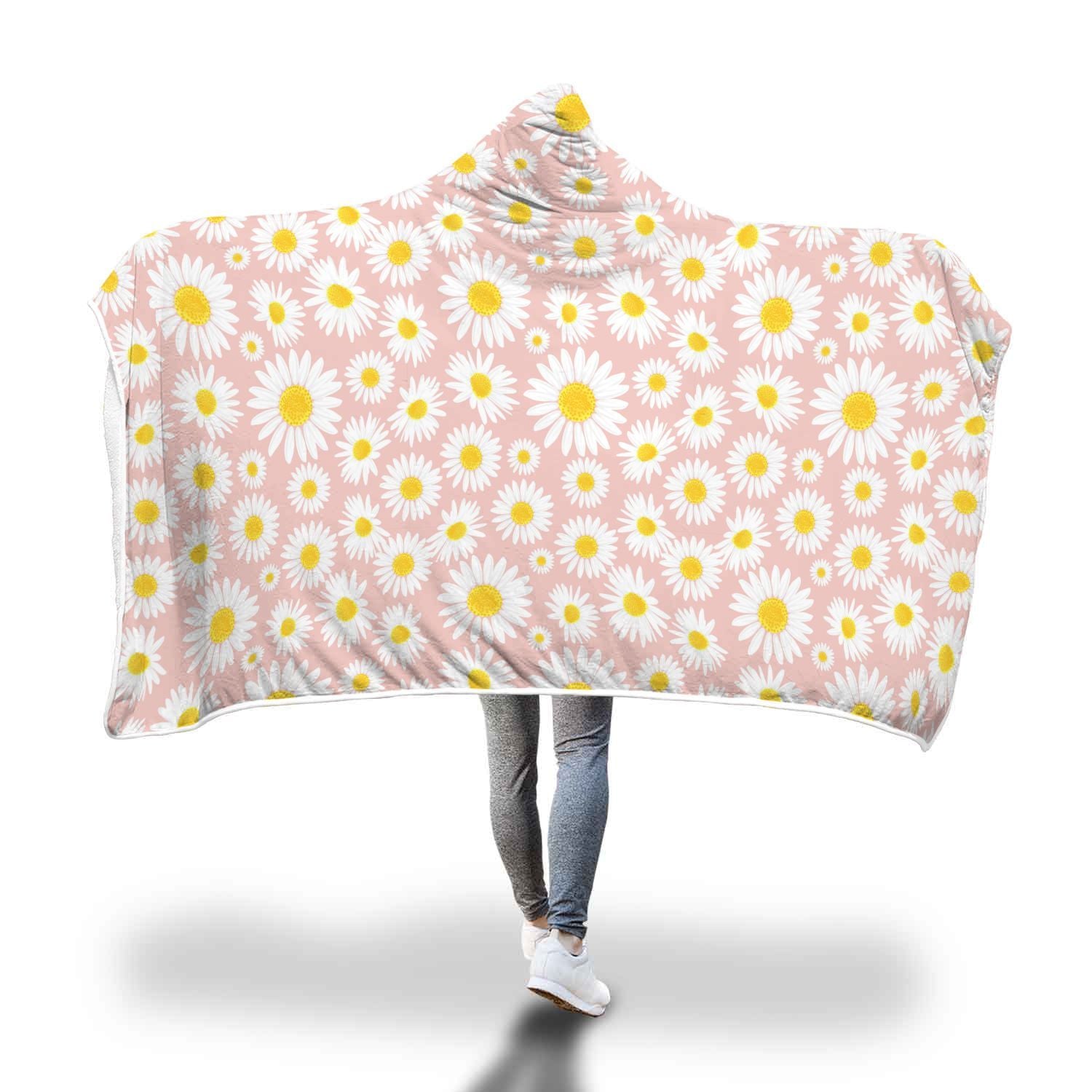 Cute Pink Daisy Pattern Print Hooded Blanket-grizzshop