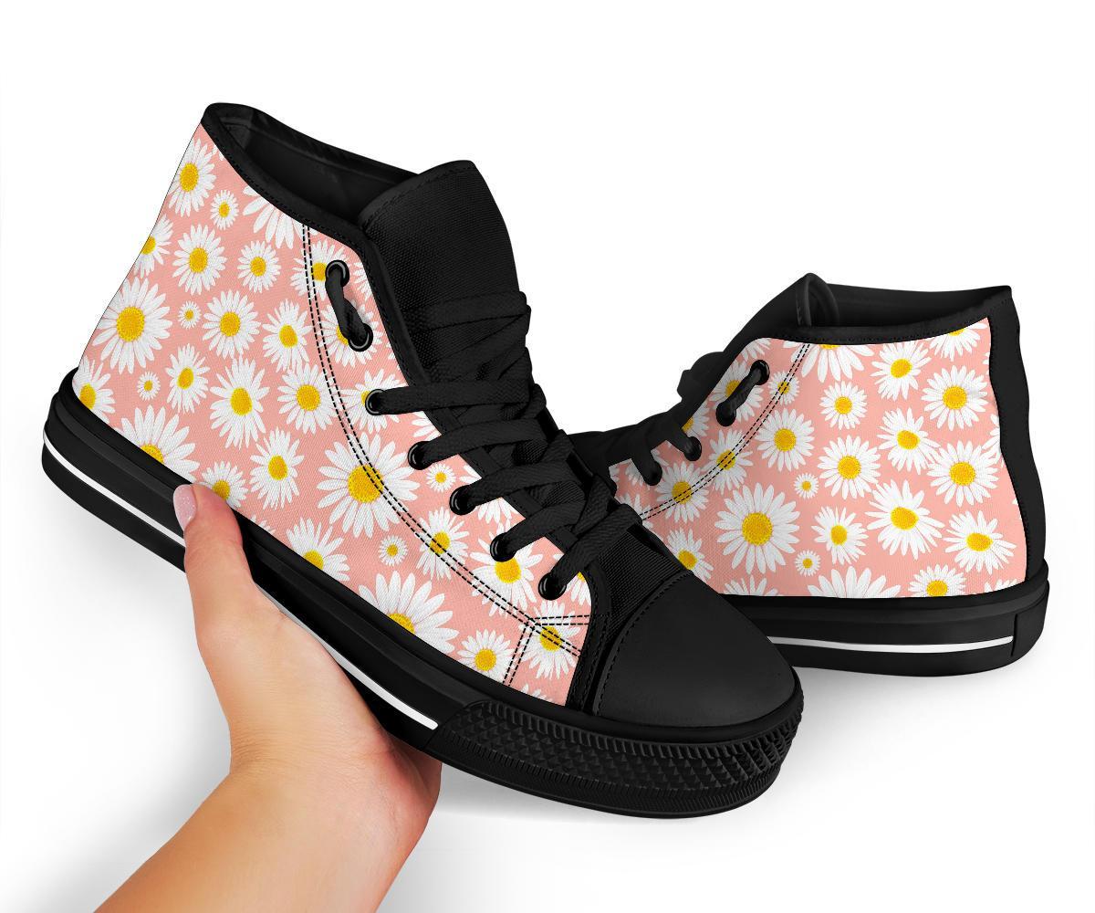 Cute Pink Daisy Pattern Print Men Women's High Top Shoes-grizzshop