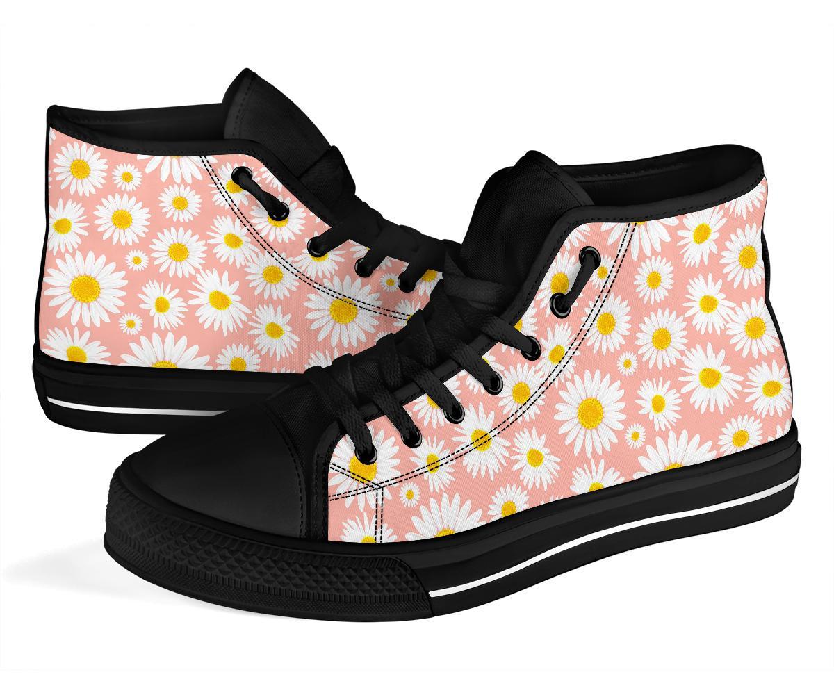 Cute Pink Daisy Pattern Print Men Women's High Top Shoes-grizzshop