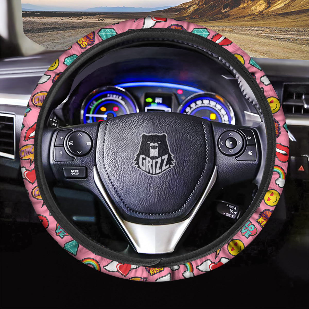 Cute Pink Girl In Pop Art Style Print Pattern Car Steering Wheel Cover-grizzshop