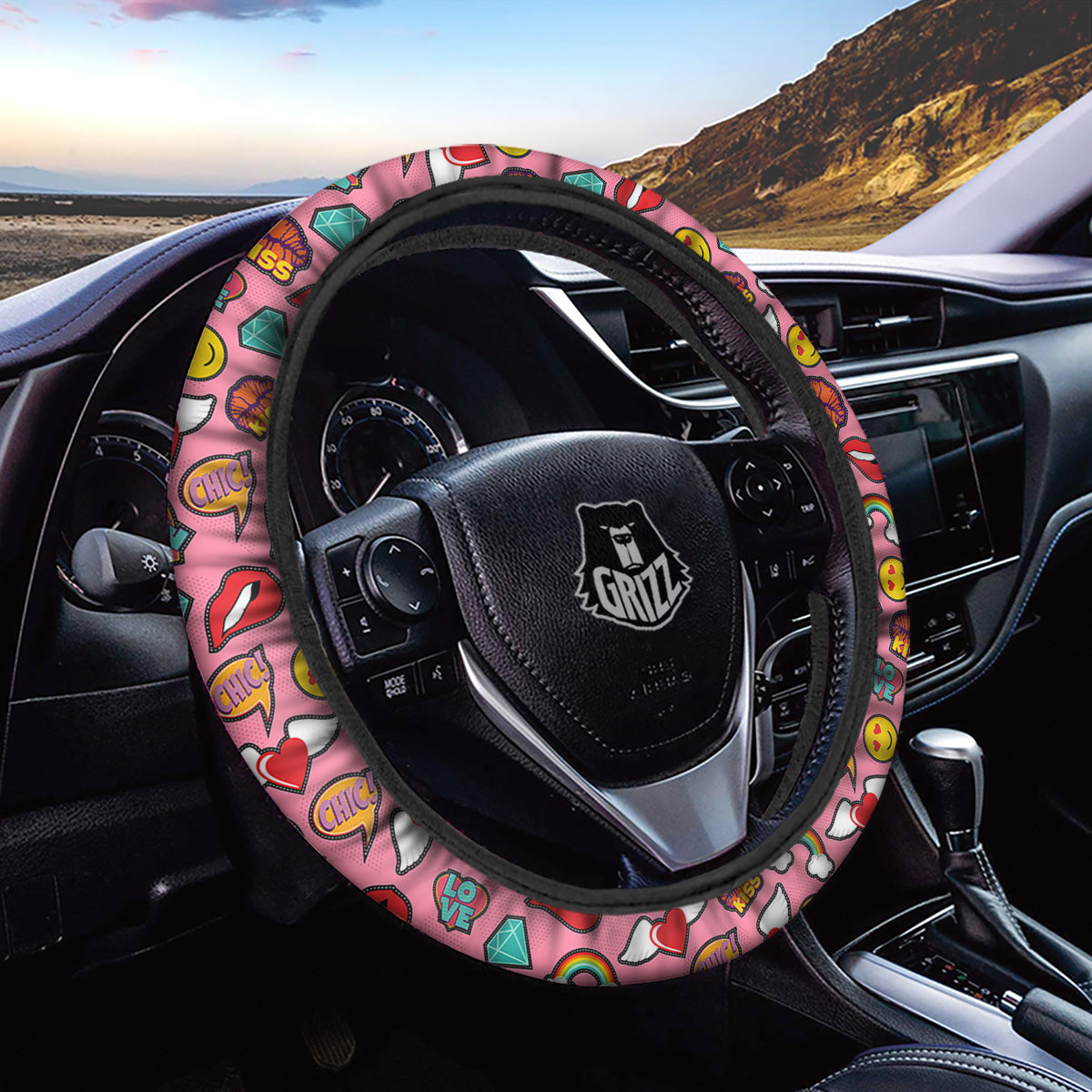 Cute Pink Girl In Pop Art Style Print Pattern Car Steering Wheel Cover-grizzshop