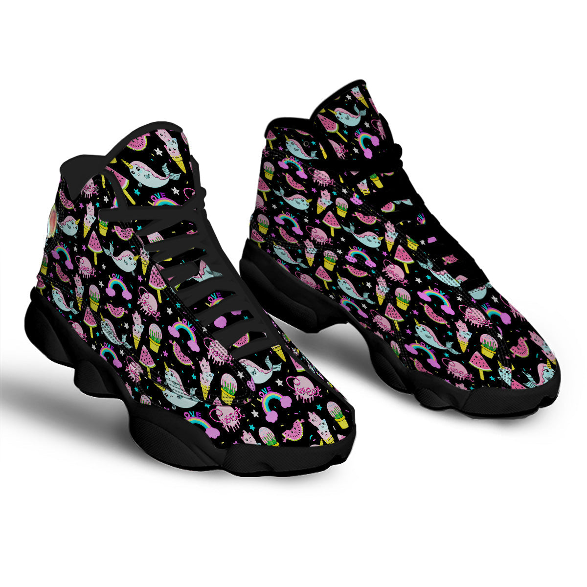 Cute Pink Ice Cream Narwhal Rainbow Print Pattern Black Basketball Shoes-grizzshop