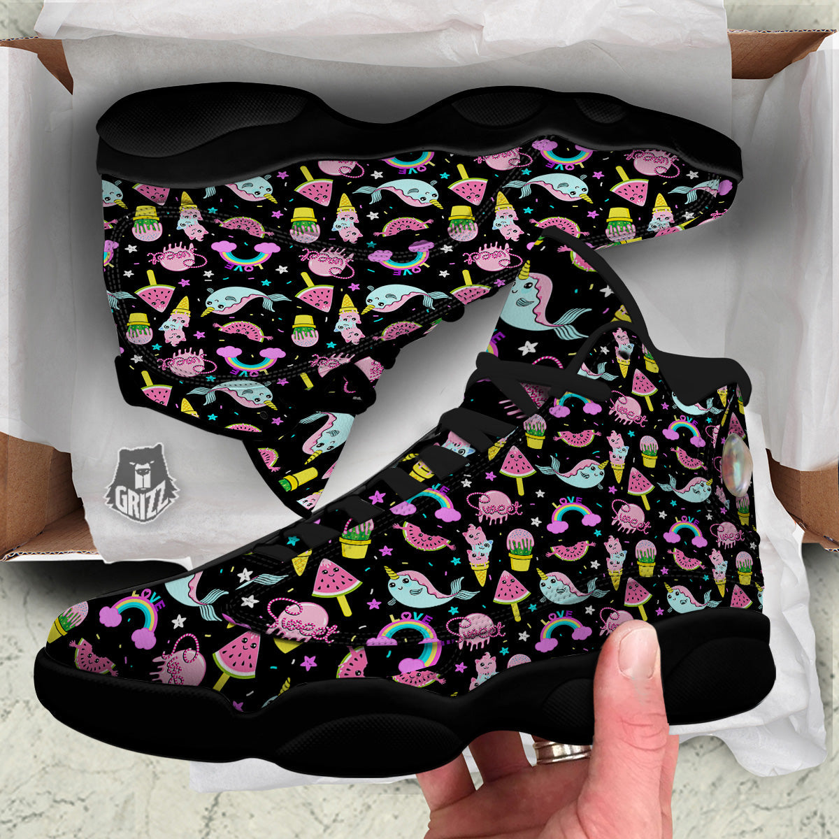 Cute Pink Ice Cream Narwhal Rainbow Print Pattern Black Basketball Shoes-grizzshop