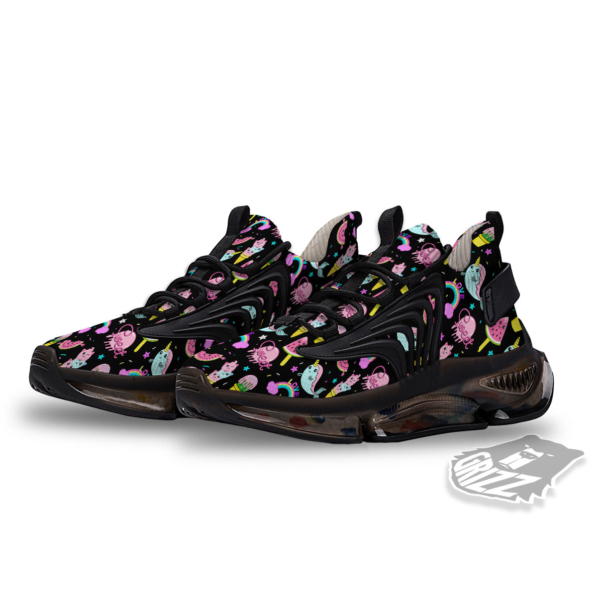 Cute Pink Ice Cream Narwhal Rainbow Print Pattern Black Gym Shoes-grizzshop