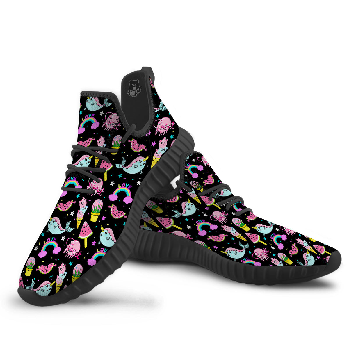 Cute Pink Ice Cream Narwhal Rainbow Print Pattern Black Walking Shoes-grizzshop