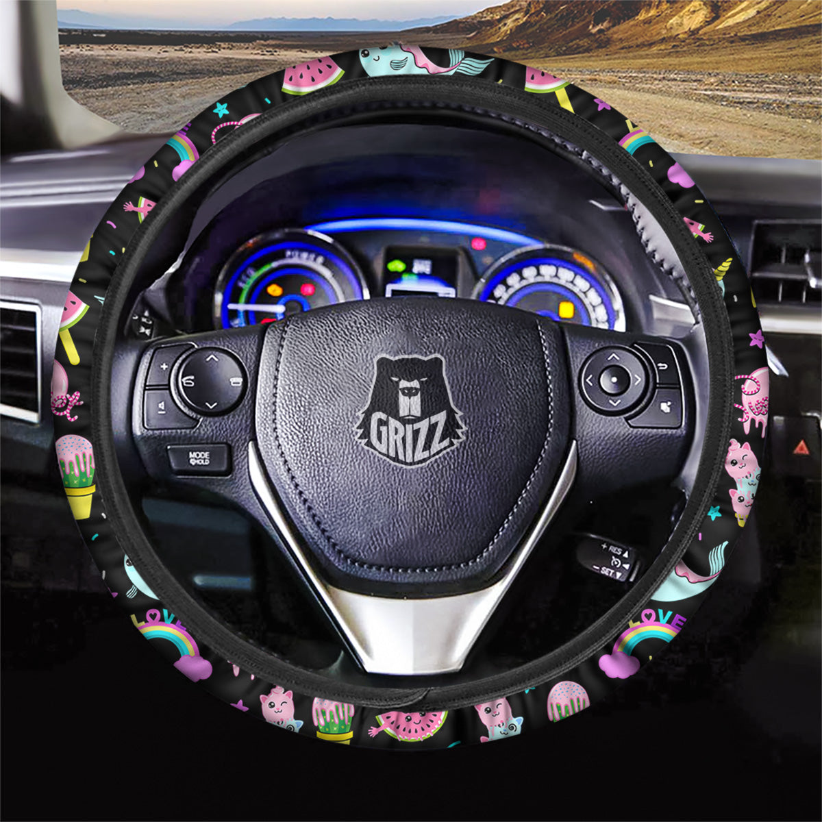 Cute Pink Ice Cream Narwhal Rainbow Print Pattern Car Steering Wheel Cover-grizzshop