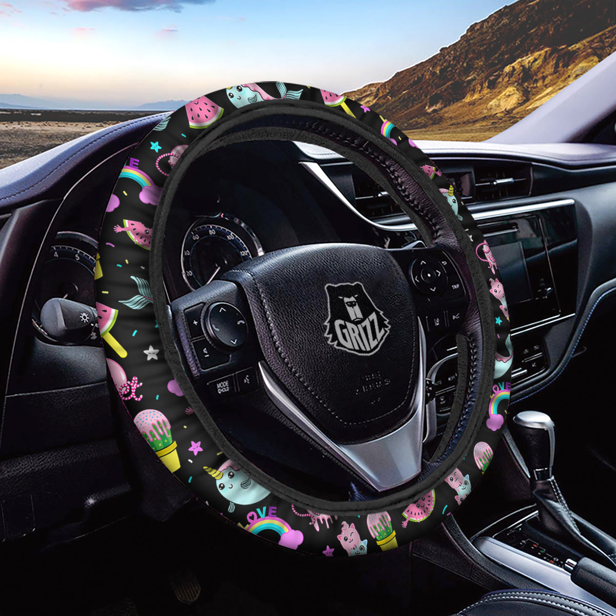 Cute Pink Ice Cream Narwhal Rainbow Print Pattern Car Steering Wheel Cover-grizzshop