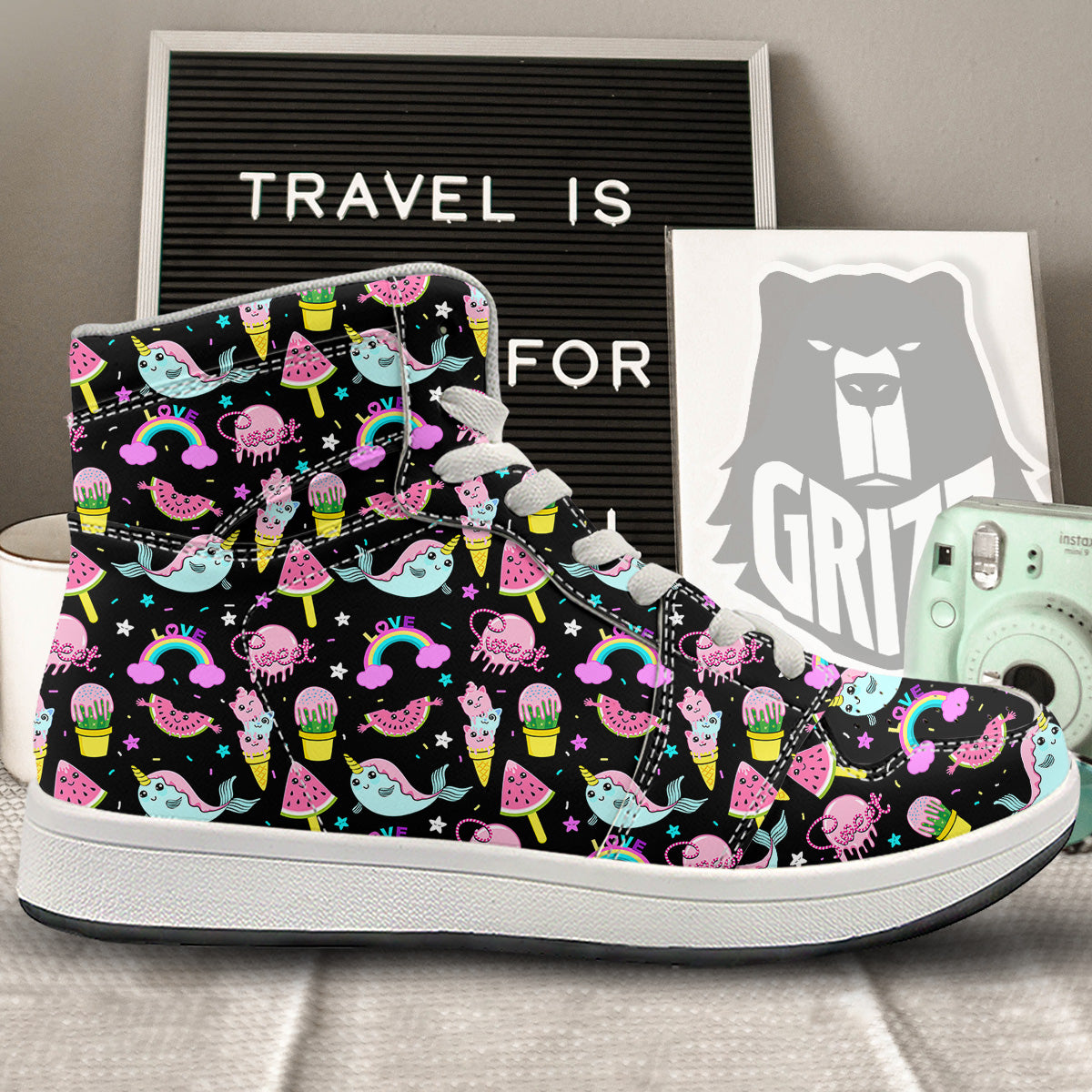 Cute Pink Ice Cream Narwhal Rainbow Print Pattern High Top Sneakers-grizzshop