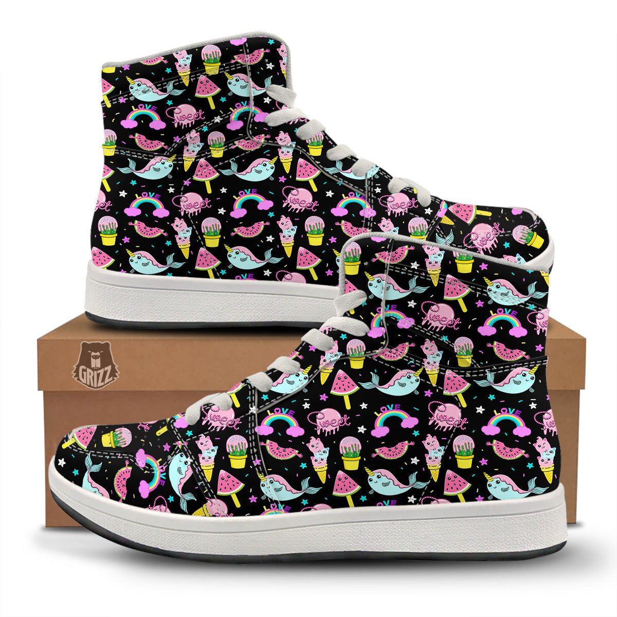 Cute Pink Ice Cream Narwhal Rainbow Print Pattern High Top Sneakers-grizzshop
