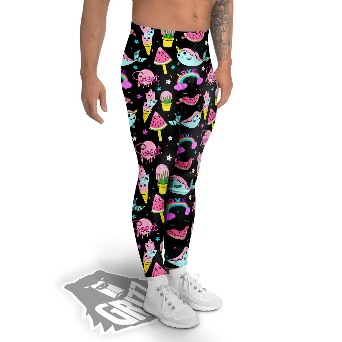 Cute Pink Ice Cream Narwhal Rainbow Print Pattern Men's Leggings-grizzshop