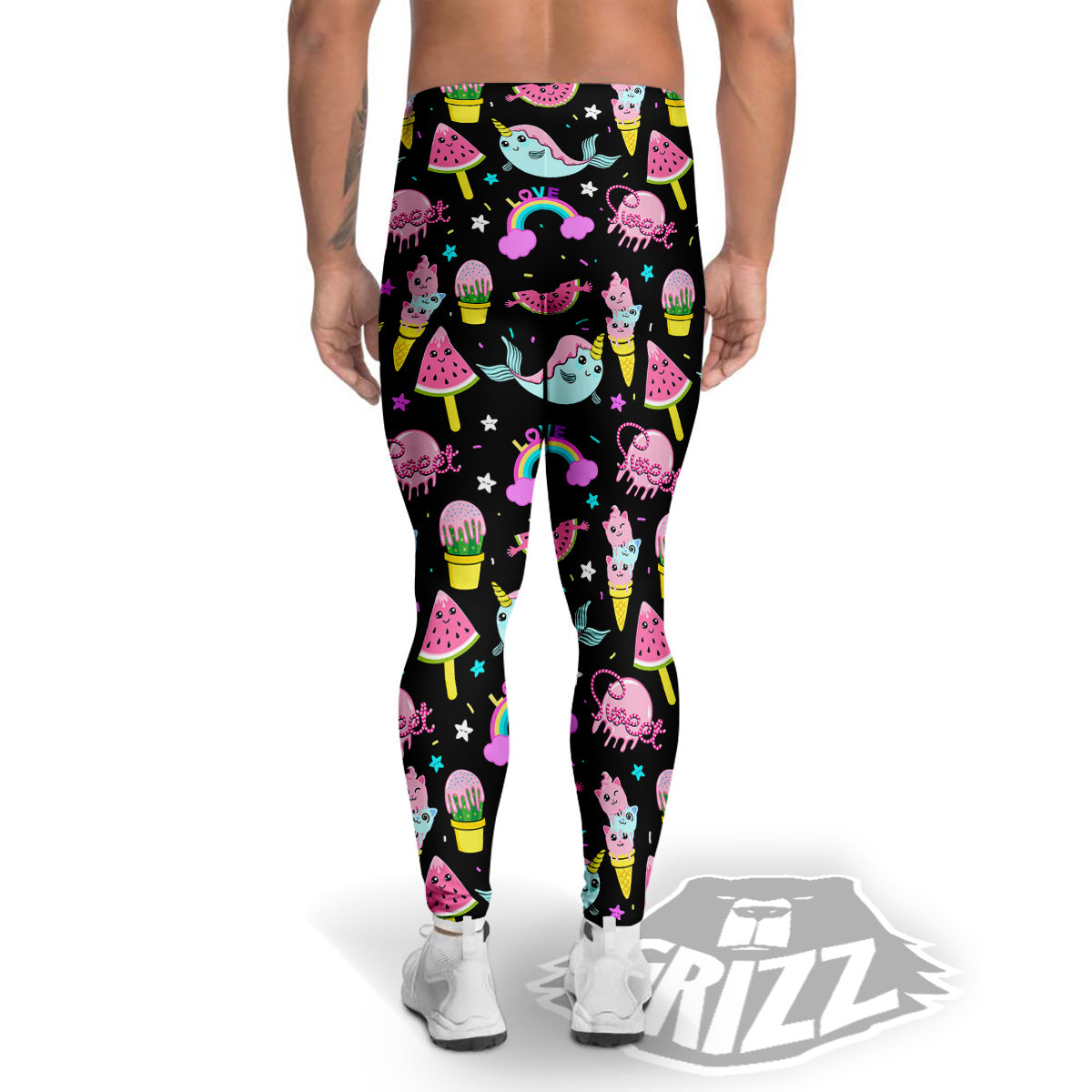 Cute Pink Ice Cream Narwhal Rainbow Print Pattern Men's Leggings-grizzshop