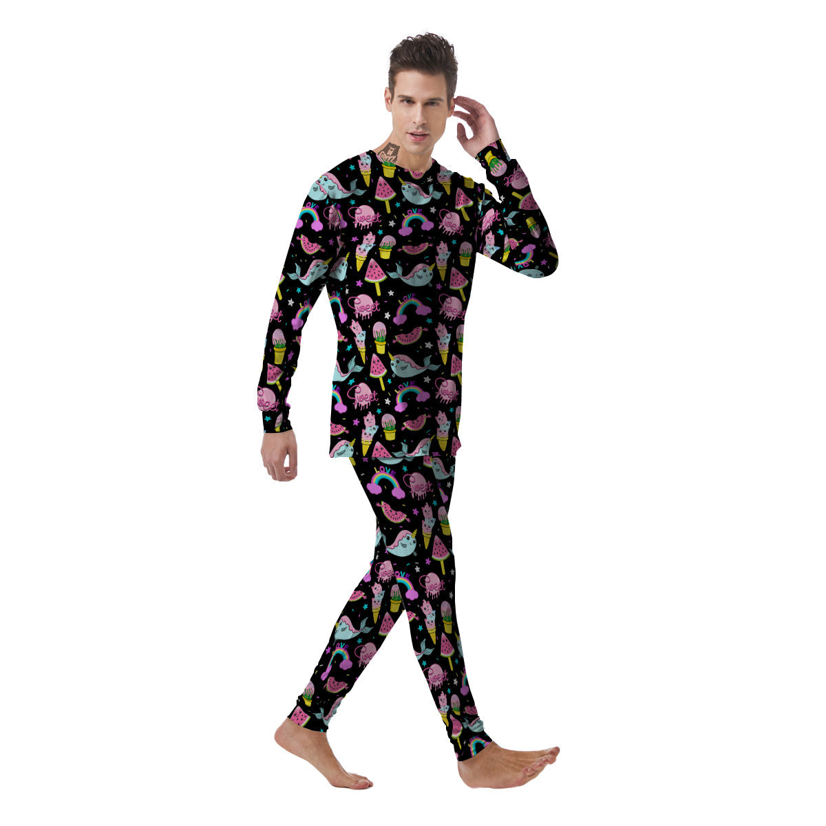 Cute Pink Ice Cream Narwhal Rainbow Print Pattern Men's Pajamas-grizzshop