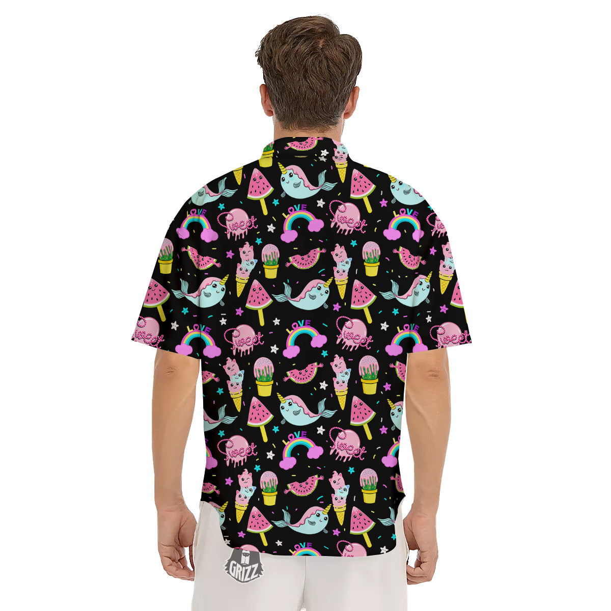 Cute Pink Ice Cream Narwhal Rainbow Print Pattern Men's Short Sleeve Shirts-grizzshop