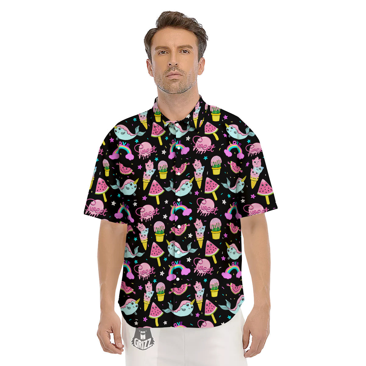 Cute Pink Ice Cream Narwhal Rainbow Print Pattern Men's Short Sleeve Shirts-grizzshop