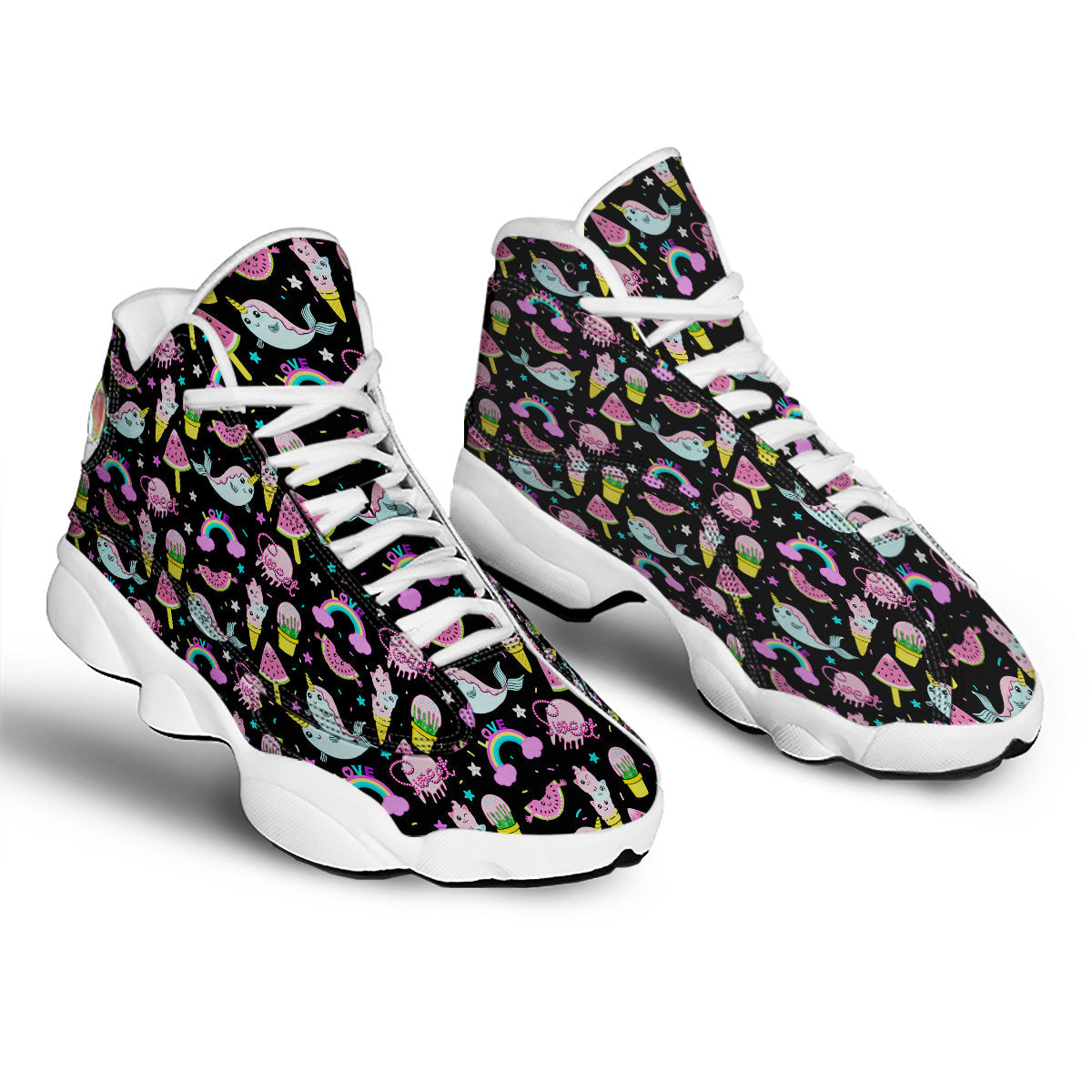 Cute Pink Ice Cream Narwhal Rainbow Print Pattern White Basketball Shoes-grizzshop