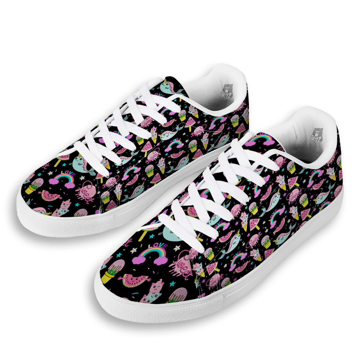 Cute Pink Ice Cream Narwhal Rainbow Print Pattern White Low Top Sneakers-grizzshop