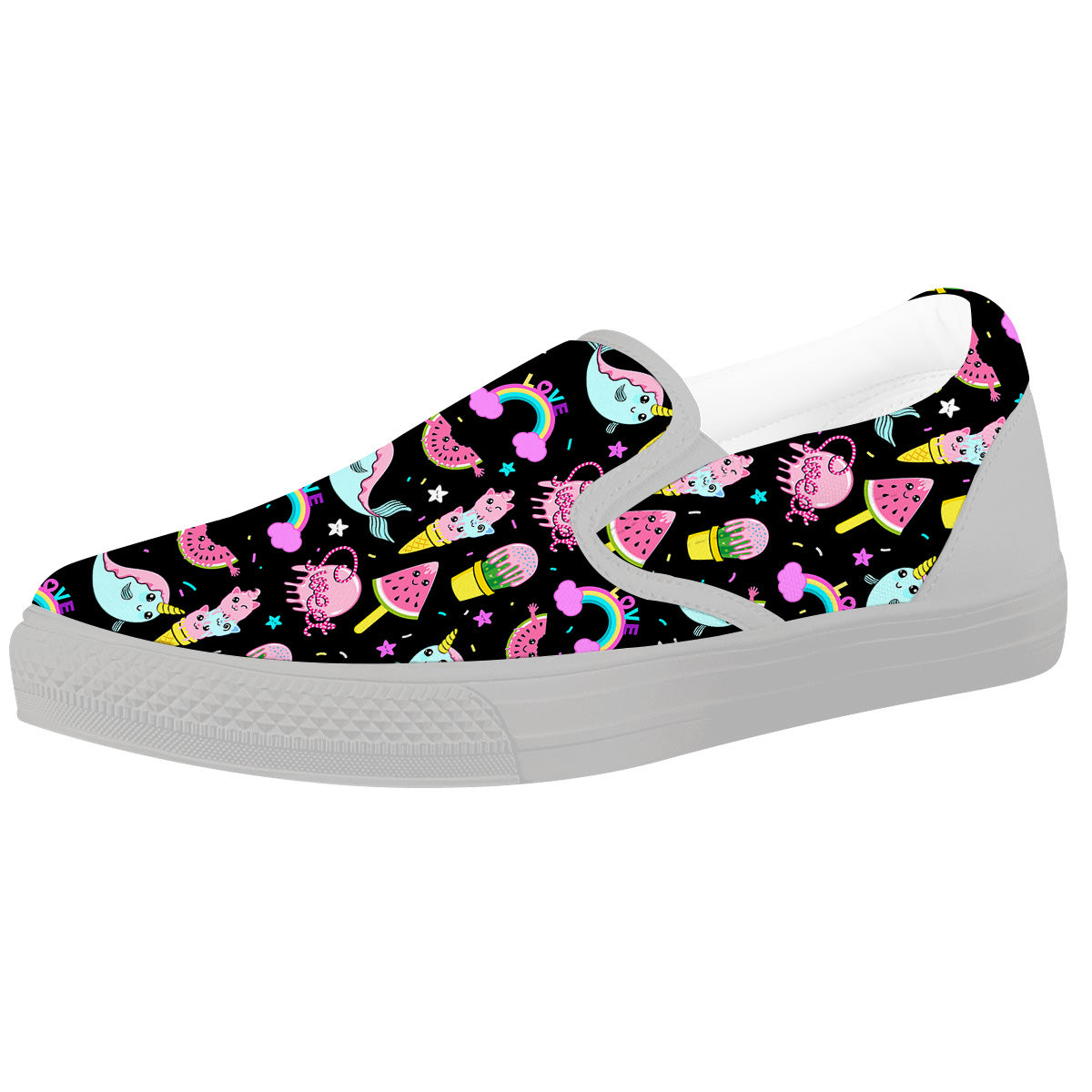 Cute Pink Ice Cream Narwhal Rainbow Print Pattern White Slip On Shoes-grizzshop