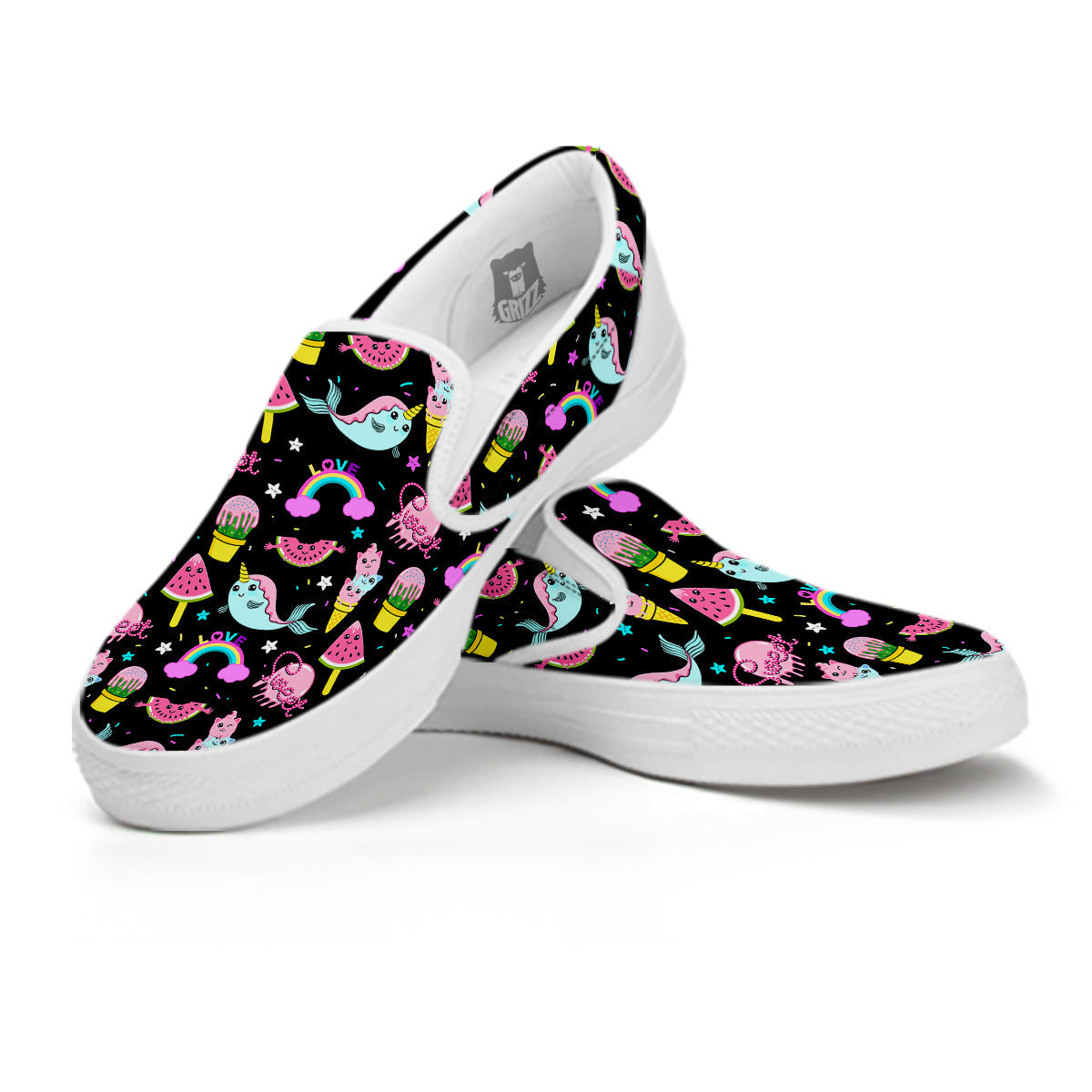 Cute Pink Ice Cream Narwhal Rainbow Print Pattern White Slip On Shoes-grizzshop