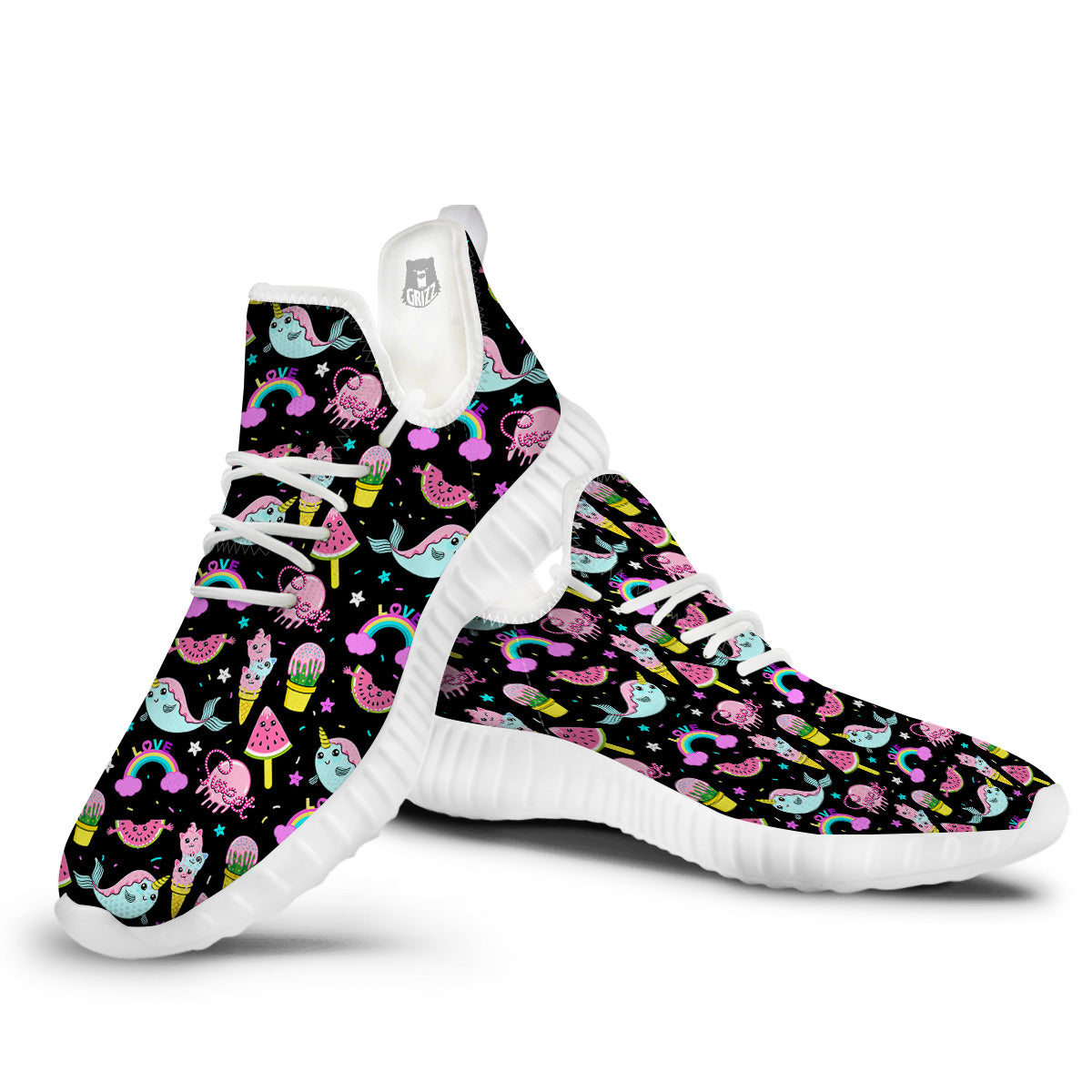 Cute Pink Ice Cream Narwhal Rainbow Print Pattern White Walking Shoes-grizzshop