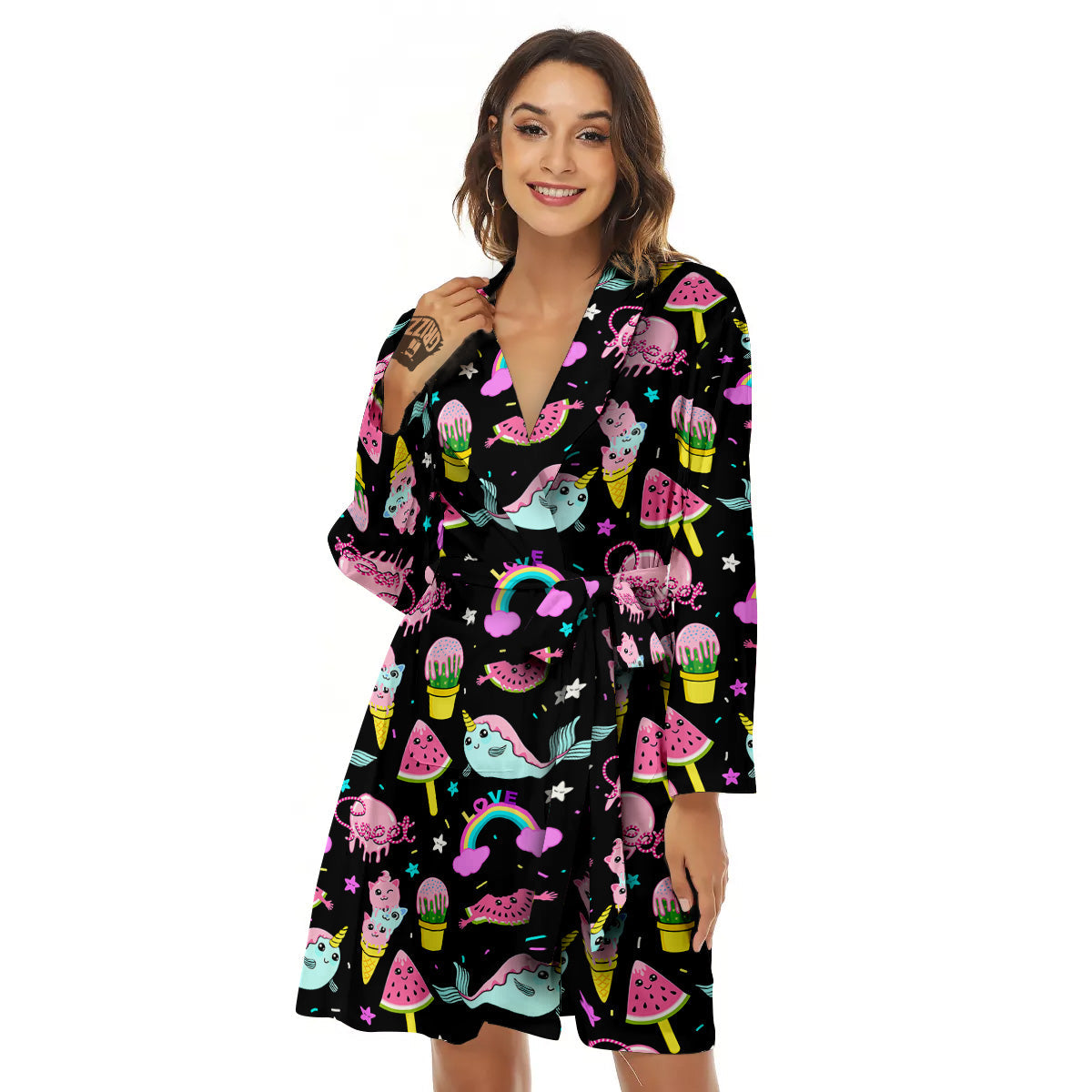 Cute Pink Ice Cream Narwhal Rainbow Print Pattern Women's Robe-grizzshop