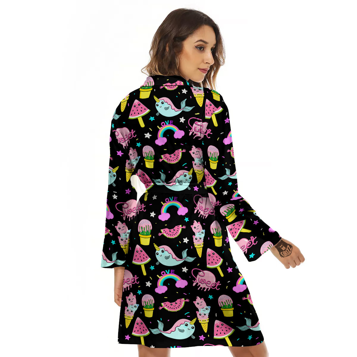 Cute Pink Ice Cream Narwhal Rainbow Print Pattern Women's Robe-grizzshop
