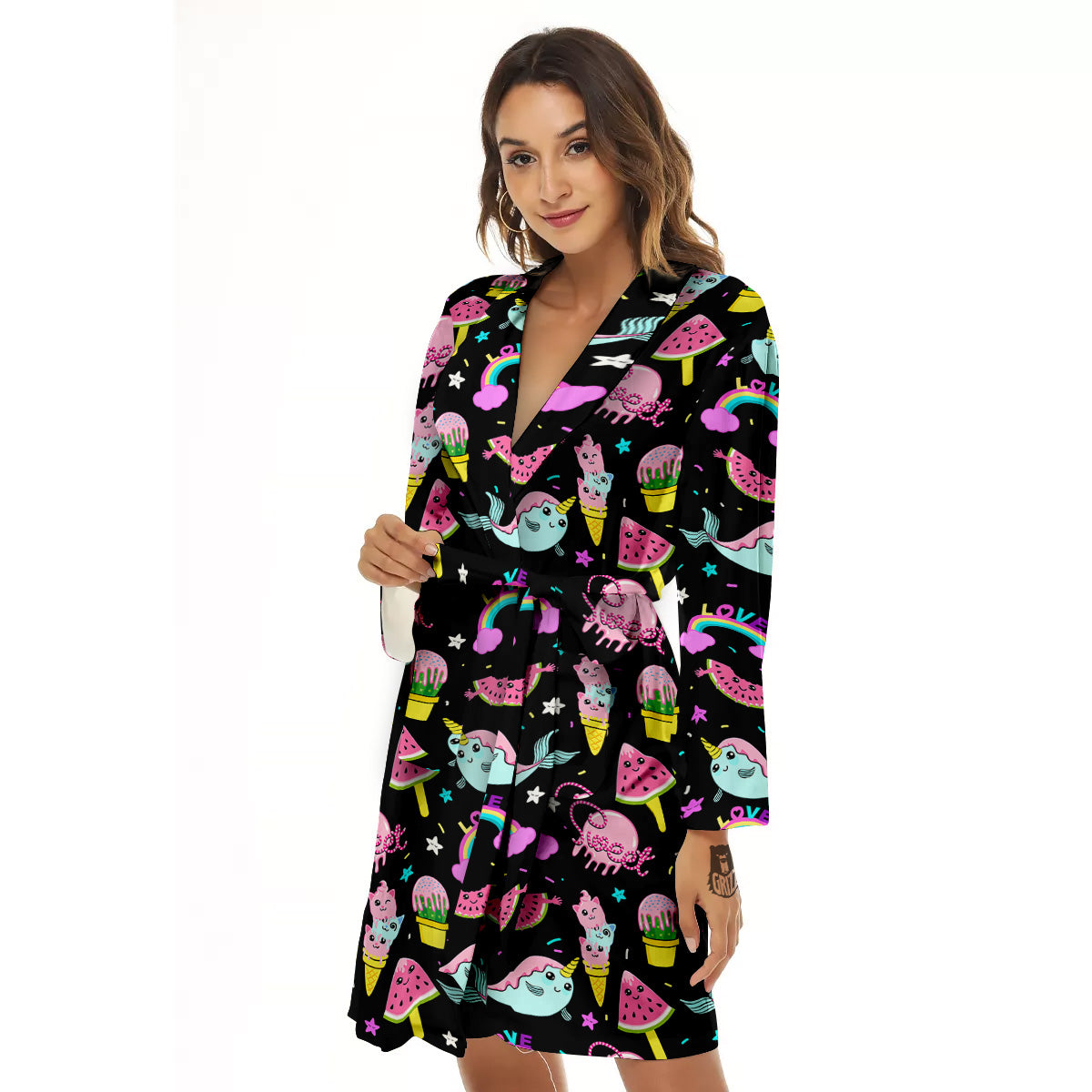 Cute Pink Ice Cream Narwhal Rainbow Print Pattern Women's Robe-grizzshop