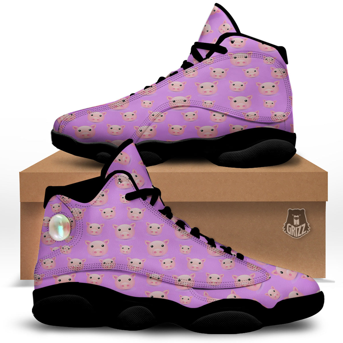 Cute Pink Pig Face Emoji Print Pattern Black Basketball Shoes-grizzshop