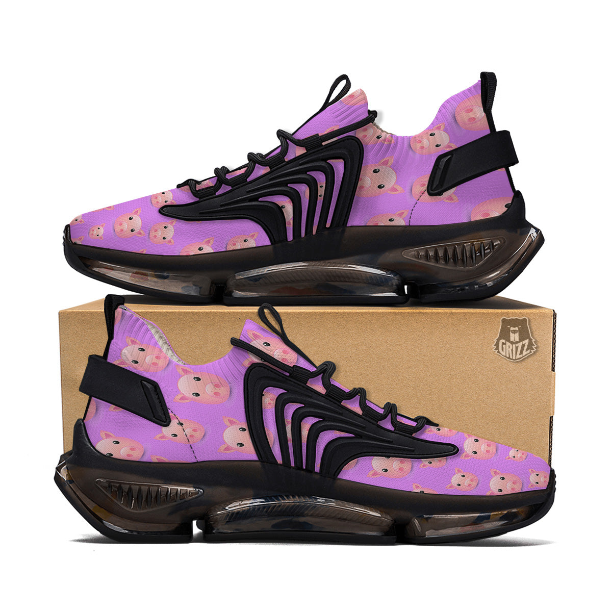 Cute Pink Pig Face Emoji Print Pattern Black Gym Shoes-grizzshop