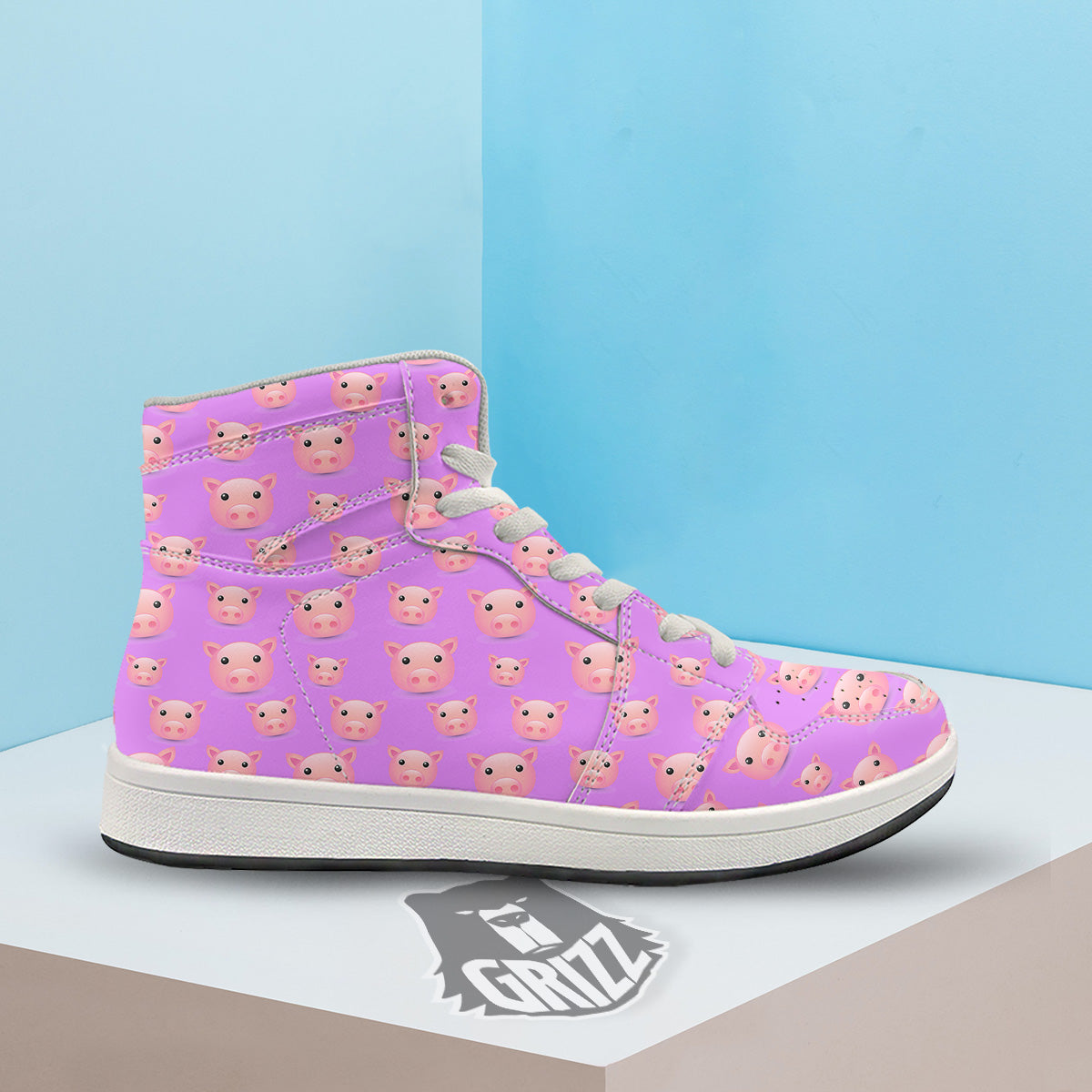 Cute Pink Pig Face Emoji Print Pattern High Top Sneakers-grizzshop