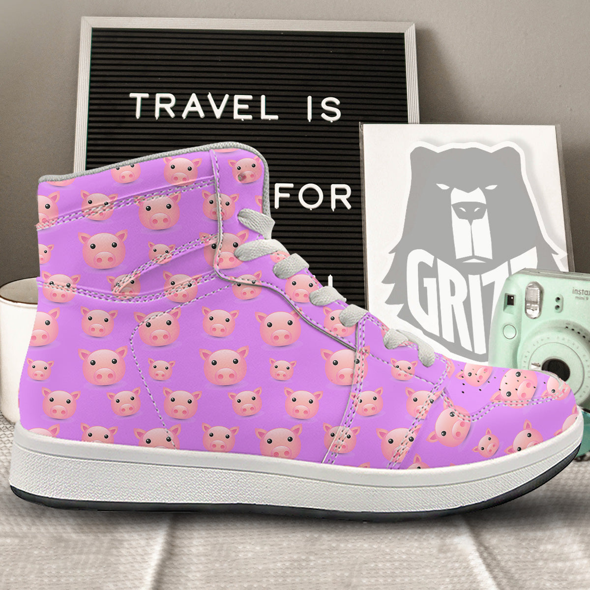 Cute Pink Pig Face Emoji Print Pattern High Top Sneakers-grizzshop