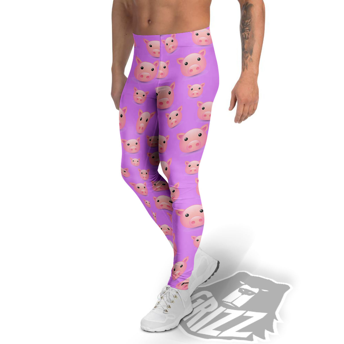 Cute Pink Pig Face Emoji Print Pattern Men's Leggings-grizzshop