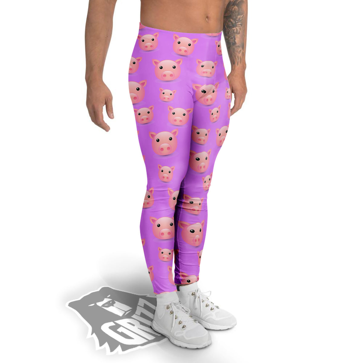 Cute Pink Pig Face Emoji Print Pattern Men's Leggings-grizzshop