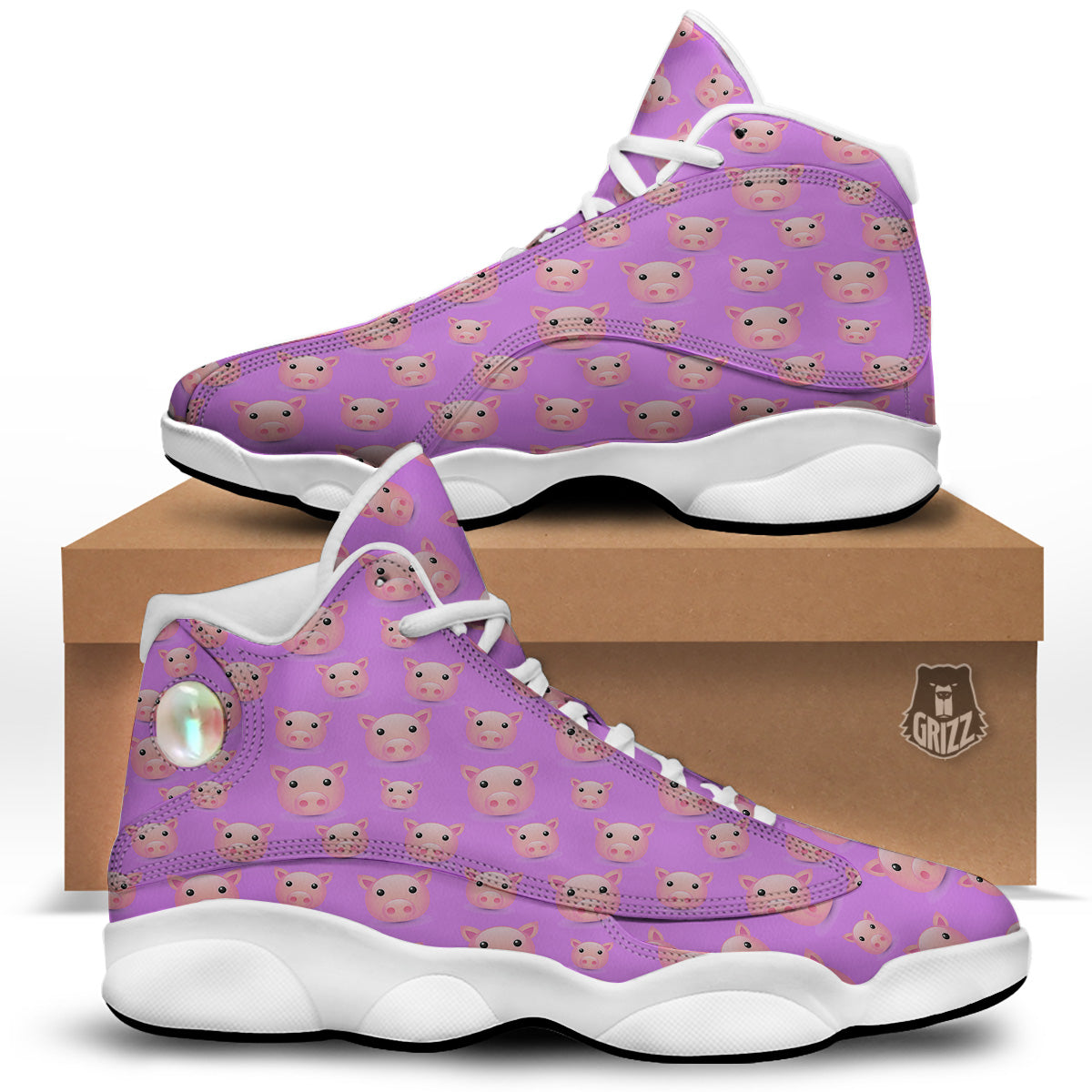 Cute Pink Pig Face Emoji Print Pattern White Basketball Shoes-grizzshop