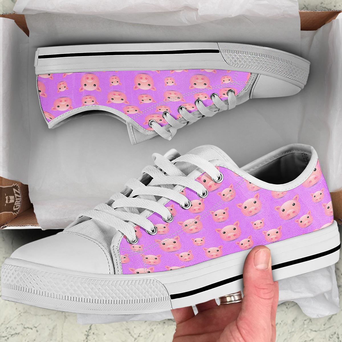 Cute Pink Pig Face Emoji Print Pattern White Low Top Shoes-grizzshop