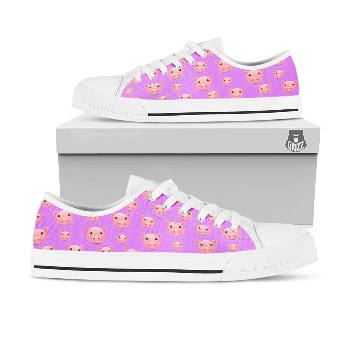Cute Pink Pig Face Emoji Print Pattern White Low Top Shoes-grizzshop