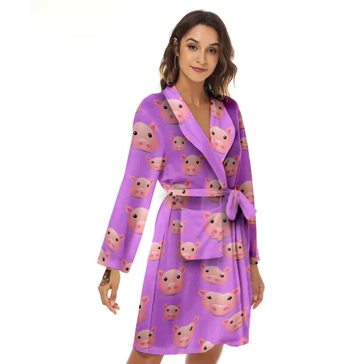 Cute Pink Pig Face Emoji Print Pattern Women's Robe-grizzshop
