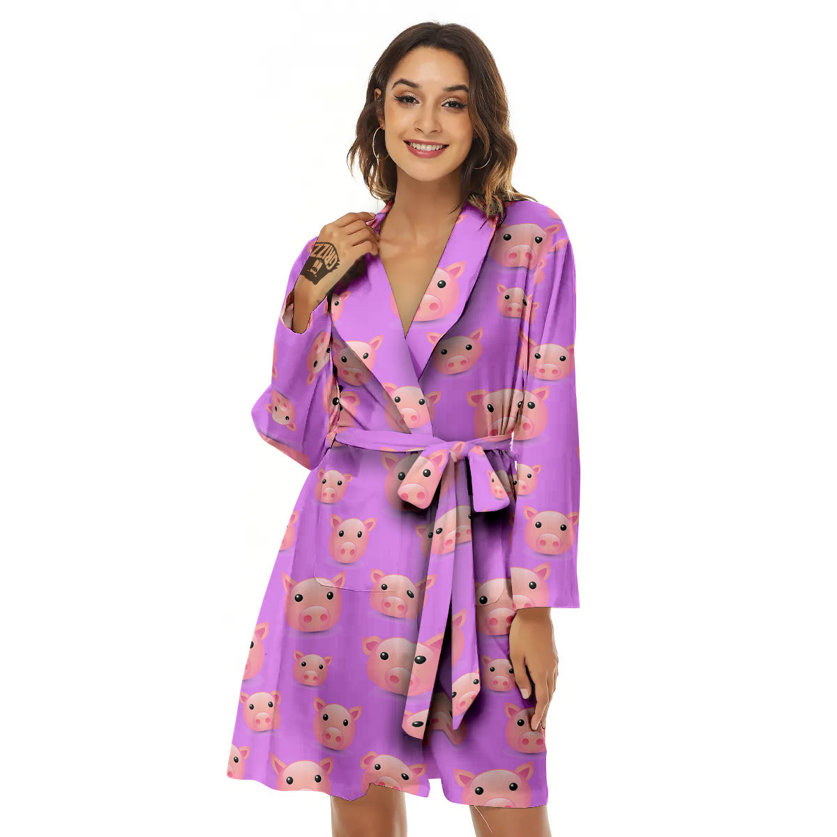 Cute Pink Pig Face Emoji Print Pattern Women's Robe-grizzshop