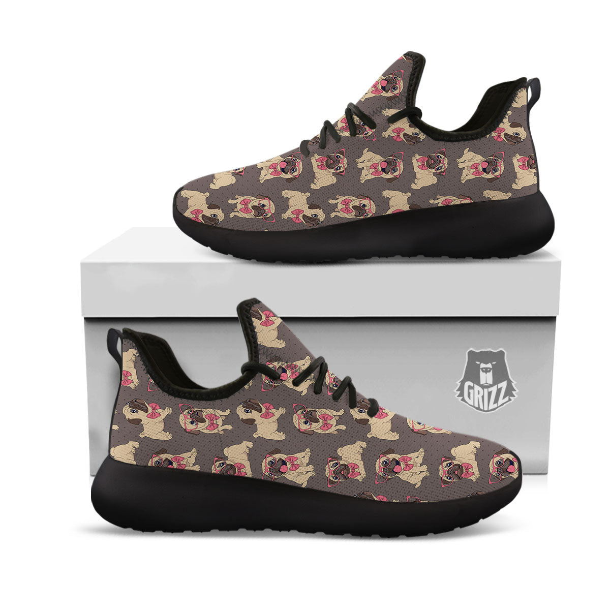 Cute Pug Print Pattern Black Athletic Shoes-grizzshop
