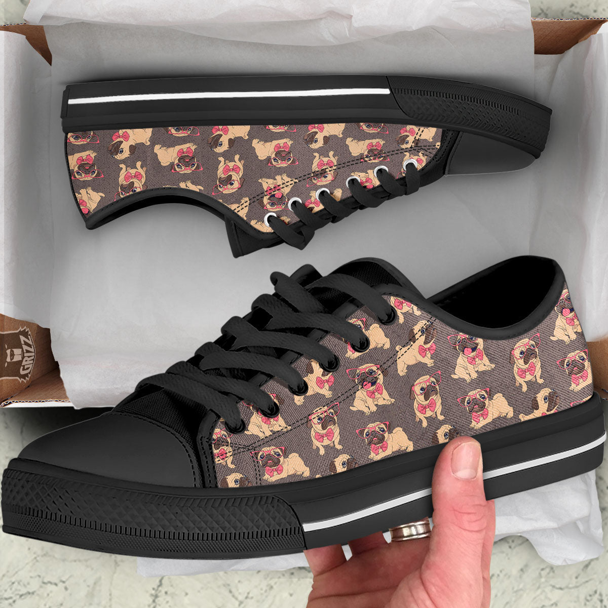 Cute Pug Print Pattern Black Low Top Shoes-grizzshop
