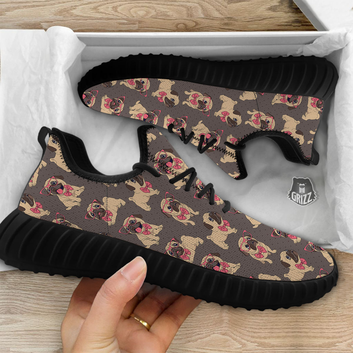 Cute Pug Print Pattern Black Walking Shoes-grizzshop