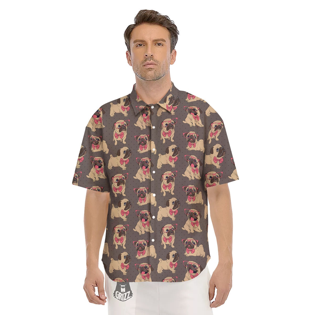 Cute Pug Print Pattern Men's Short Sleeve Shirts-grizzshop