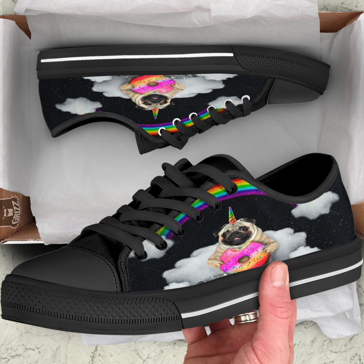 Cute Pug Unicorn Print Black Low Top Shoes-grizzshop