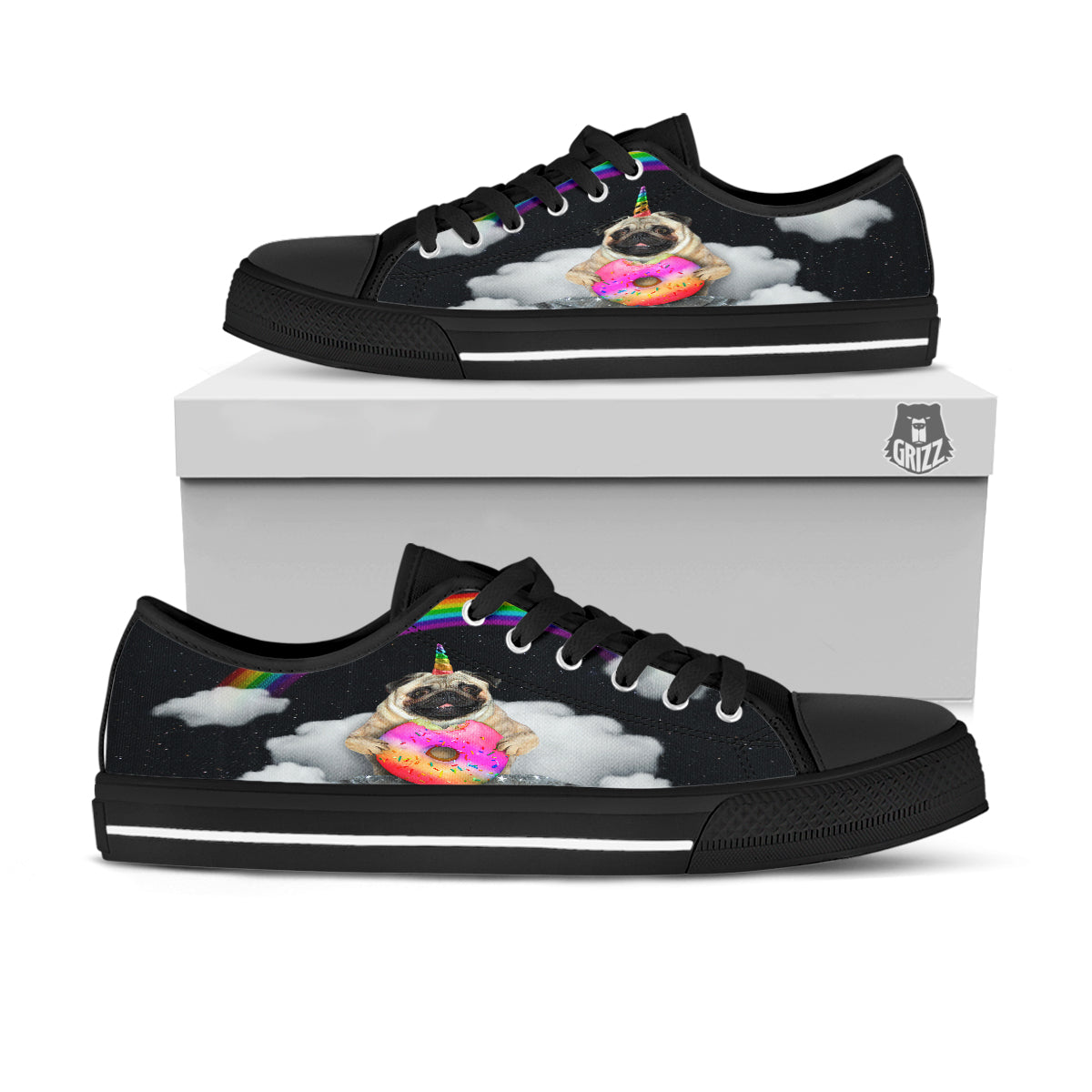 Cute Pug Unicorn Print Black Low Top Shoes-grizzshop