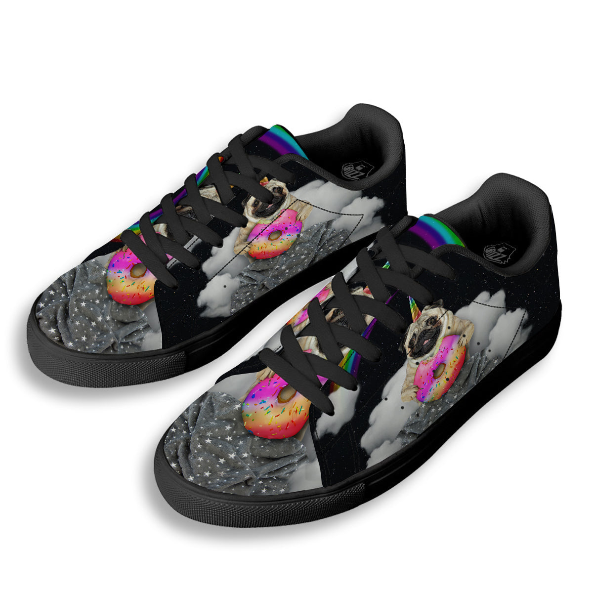 Cute Pug Unicorn Print Black Low Top Sneakers-grizzshop