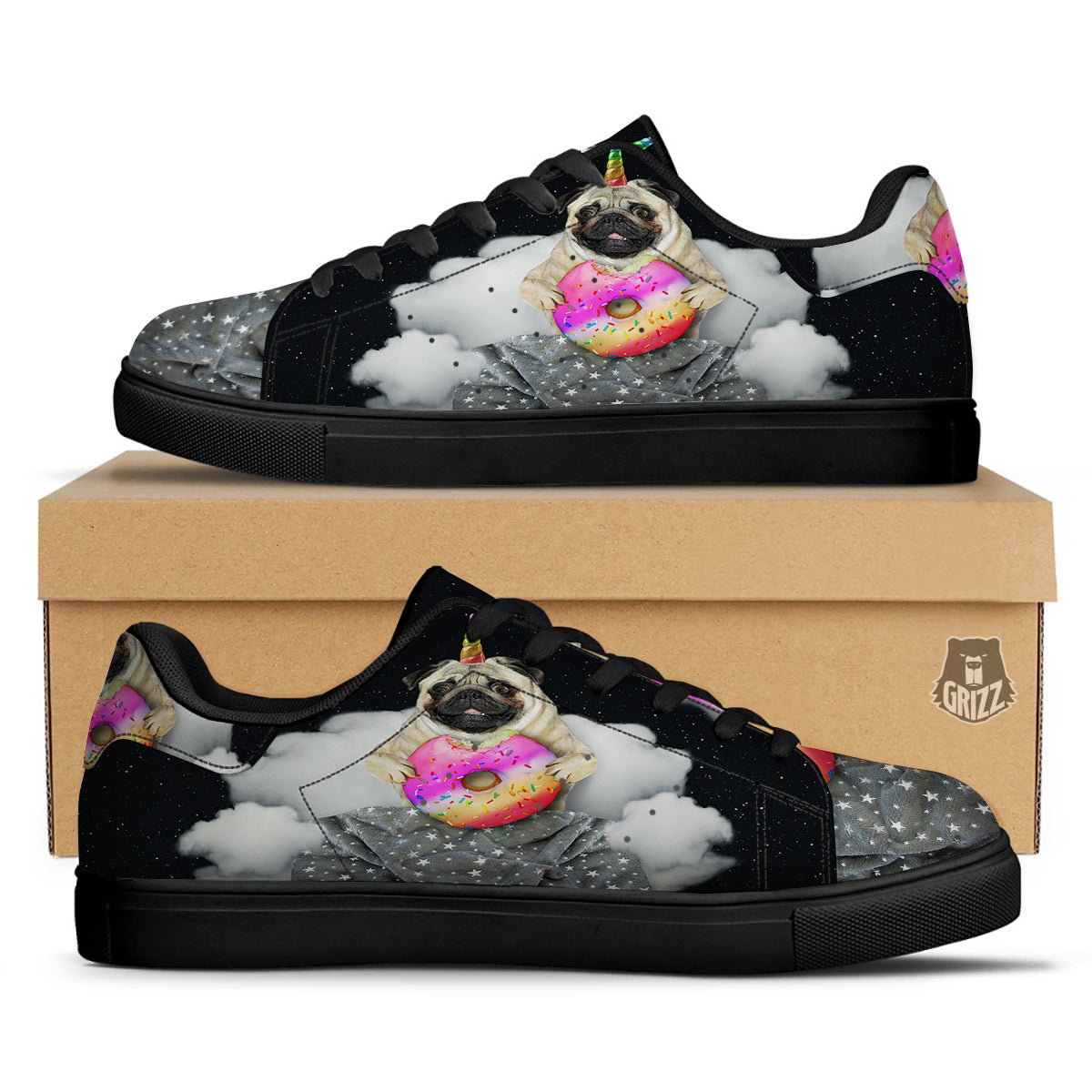Cute Pug Unicorn Print Black Low Top Sneakers-grizzshop